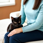 A woman in a modest, comfortable long-sleeve top and trousers, fully clothed, appropriate attire, gently brushing her domestic cat with a silicone grooming glove. They are in a cozy, bright living room with soft natural light. The cat is calm and content, purring softly. The scene emphasizes a pleasant, bonding ritual. safe for work, appropriate content, fully clothed, modest, family-friendly, perfect anatomy, correct proportions, natural pose, well-formed hands, proper finger count, natural body proportions, professional photography, high quality, warm tones.