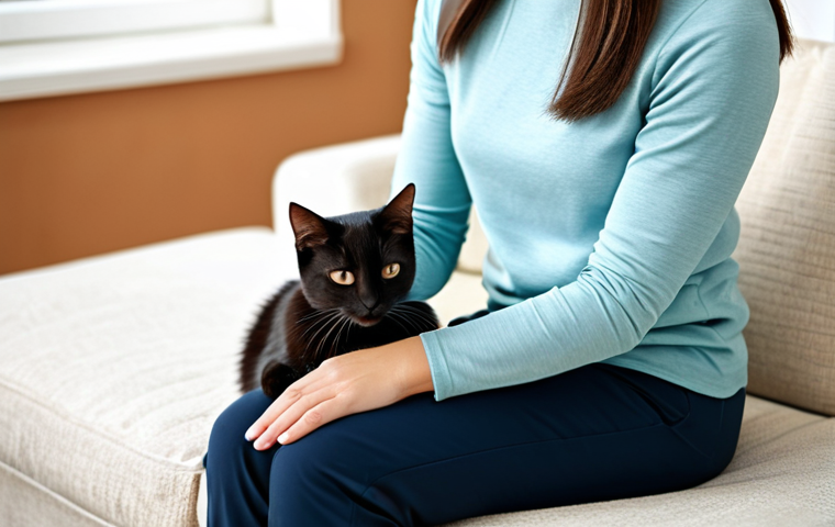 A woman in a modest, comfortable long-sleeve top and trousers, fully clothed, appropriate attire, gently brushing her domestic cat with a silicone grooming glove. They are in a cozy, bright living room with soft natural light. The cat is calm and content, purring softly. The scene emphasizes a pleasant, bonding ritual. safe for work, appropriate content, fully clothed, modest, family-friendly, perfect anatomy, correct proportions, natural pose, well-formed hands, proper finger count, natural body proportions, professional photography, high quality, warm tones.