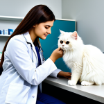**

"A professional veterinarian, fully clothed in a clean, white lab coat, examining a fluffy Persian cat in a bright, modern veterinary clinic. The cat is calmly sitting on the examination table. Background includes medical equipment and shelves with pet supplies. Safe for work, appropriate content, perfect anatomy, well-formed hands, professional, high quality, natural pose, family-friendly, modest."

**