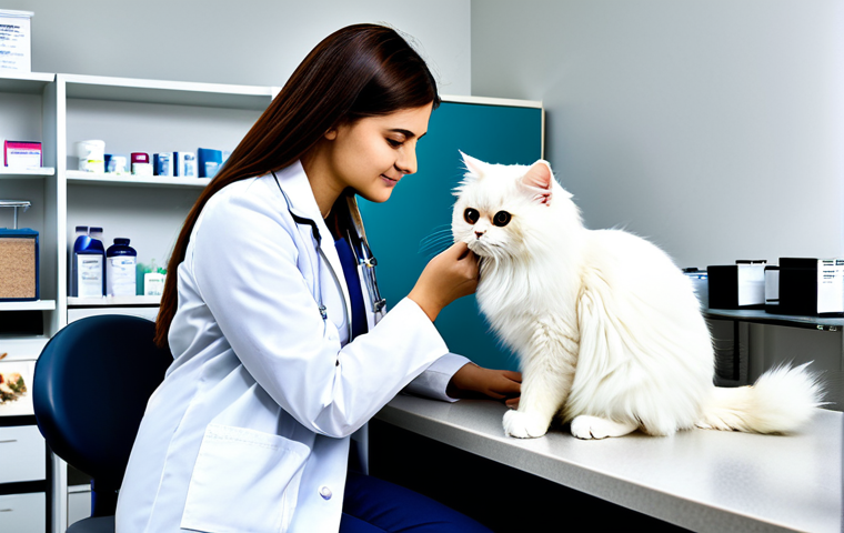 **
"A professional veterinarian, fully clothed in a clean, white lab coat, examining a fluffy Persian cat in a bright, modern veterinary clinic. The cat is calmly sitting on the examination table. Background includes medical equipment and shelves with pet supplies. Safe for work, appropriate content, perfect anatomy, well-formed hands, professional, high quality, natural pose, family-friendly, modest."
**